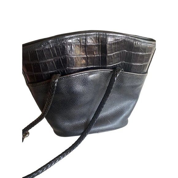 Brighton Black Leather Bucket Purse Bag Braided Handle Snap Close Heart Detail - Picture 7 of 8